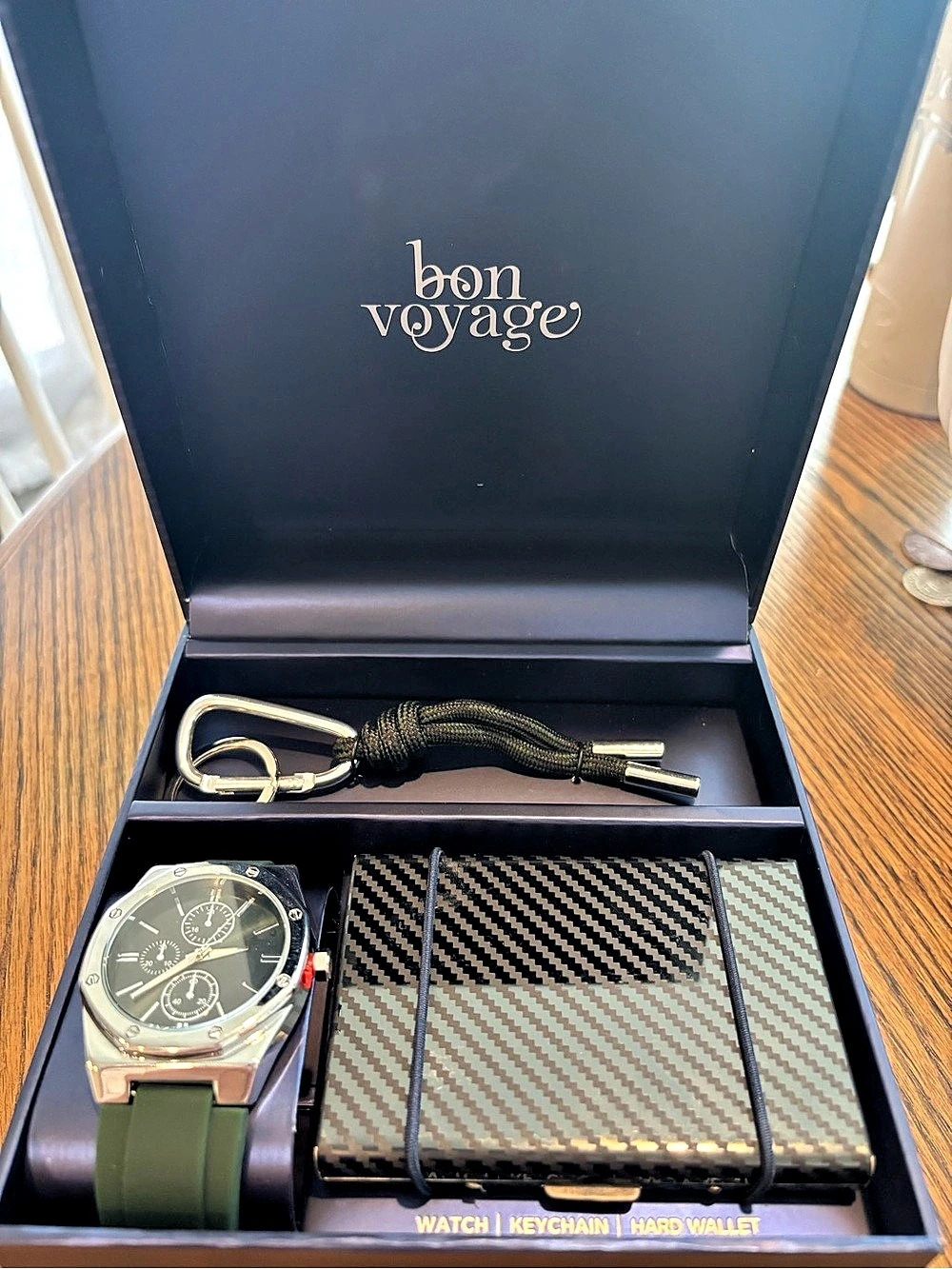 Bon Voyage Watch Keychain and Hard Wallet Gift Set Men's Black & Green